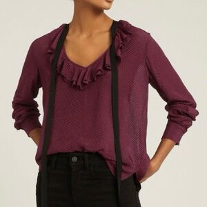 Reiss Blouse Top Women 10 Boho Mackenzie Ruffle Neck Silk Velvet Flocked Sheer